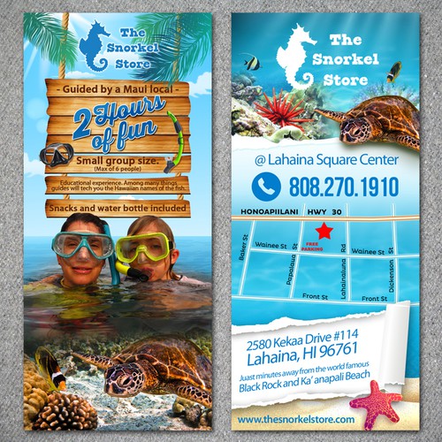 Create a fun 4in X 9in brochure for a new shoreline snorkel tour company. Shorline Xpress Snorkel.