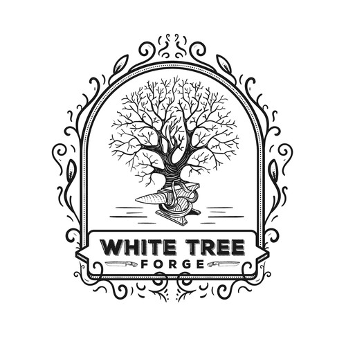 Classic hand-drawn logo for white tree forge