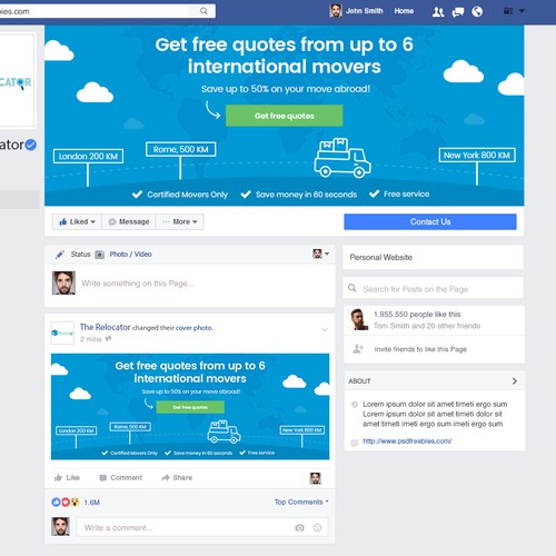 Facebook omslag voor gratis offerte dienst (internationale verhuizingen)