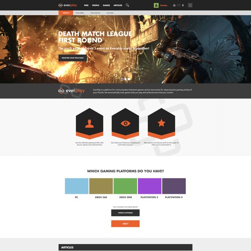 Design a homepage for a gamers social network website. Will work 1 on 1 on two more pages.