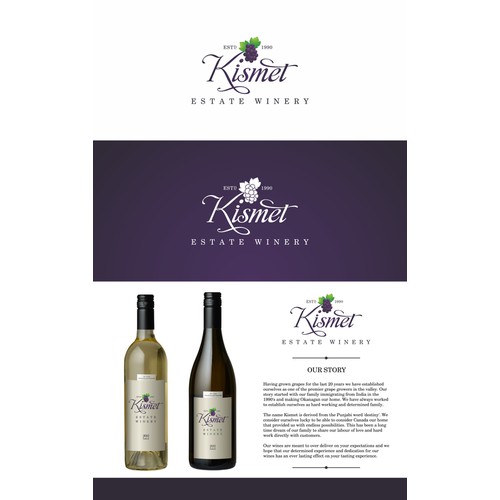 Create the next logo and business card for Kismet Estate Winery