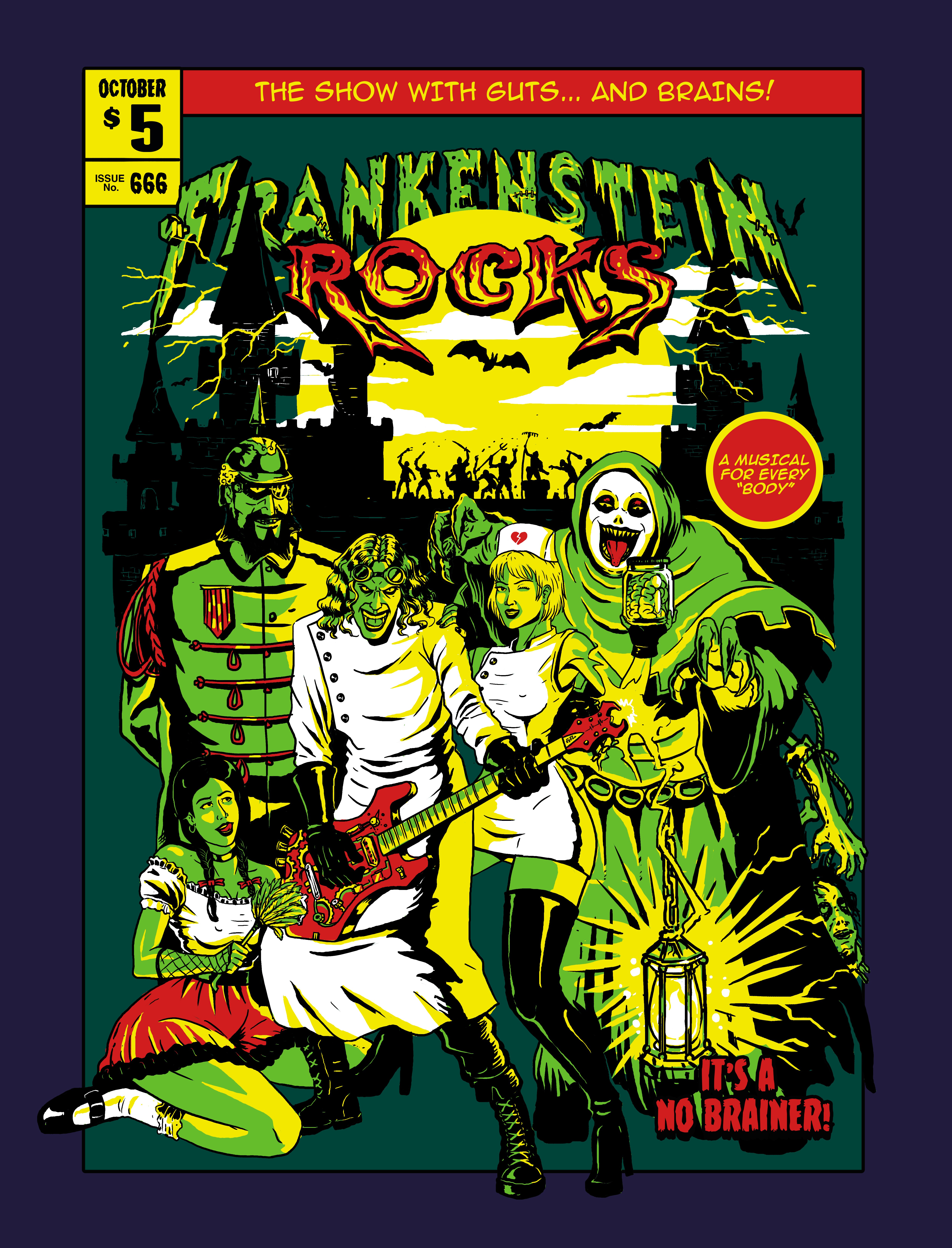 "Comic Book" Front Cover Style for "FRANKENSTEIN ROCKS" Rock and roll musical