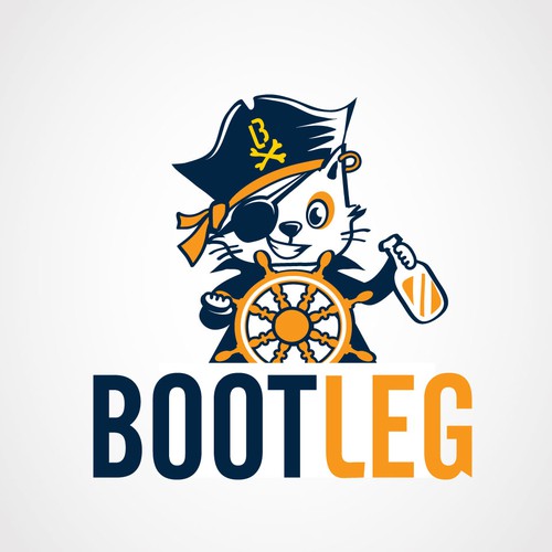Fun logo for a natural language system called Bootleg; possible themes of pirates, booze, and cats.