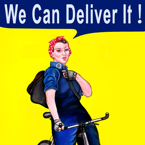 Illustrate Rosie the Riveter standing astride a bicycle, with a messenger bag over her shoulder, for my T-Shirt