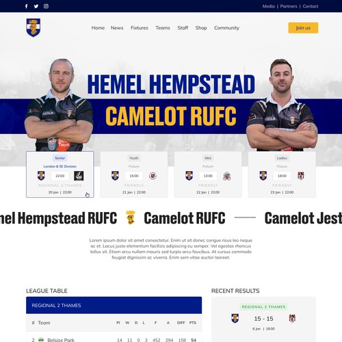 Homepage for sports team