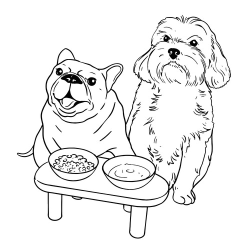 Minimalistic line drawn Illustration of dogs with feeding-station product