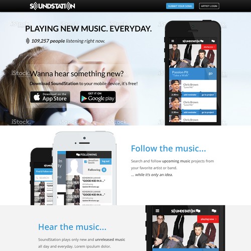Hot Music Startup! Needs a mobile app landing page [wireframe provided]
