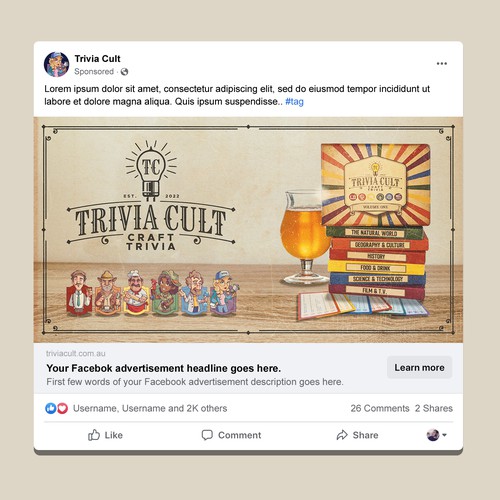 Classic-looking Facebook ad design for a crafty trivia card game.