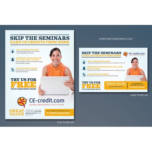 Create a unique one page and half page advertisement for CE-credit.com.