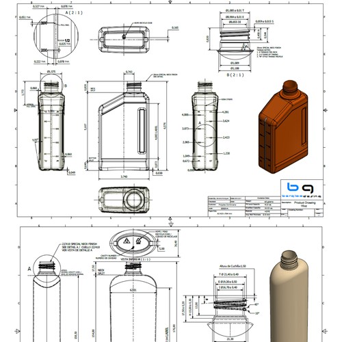 Technical drawings of plastic bottles