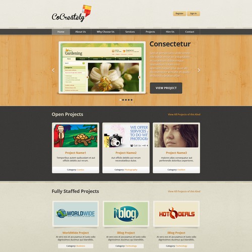 Frontpage for CoCreately. Planning to hire winner for more pages.