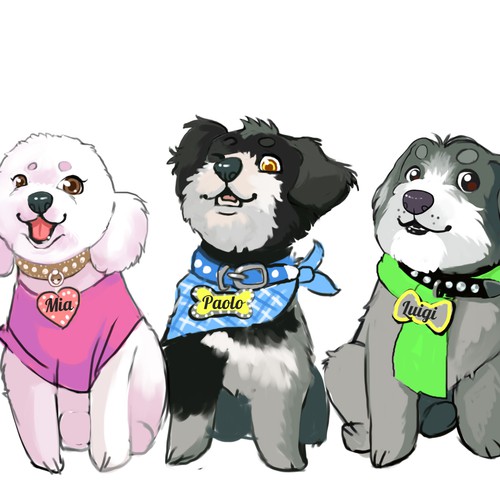 Create illustrated characters of Luigi, Mia & Paolo Rock Star Doggiesfor children's book.