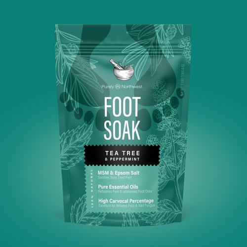 Product packaging design for FOOT SOAK for Purely Northwest - pouch packaging design