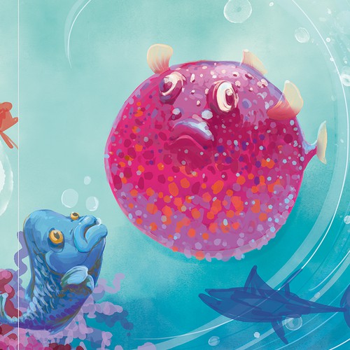 Illustration for the story about a fish that holds her breath in and grows bigger and bigger.