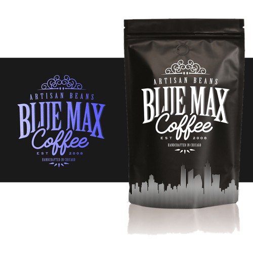coffee package label with Chicago skyline 