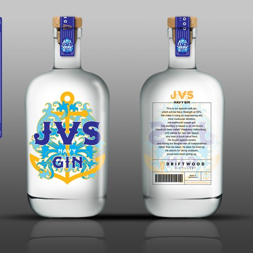 Simple, luxury and bold bottle label for JVS Navy Gin, Netherland