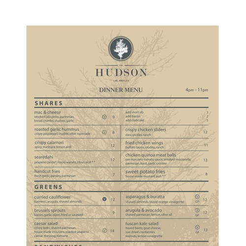 Dinner menu for LA bar/restaurant