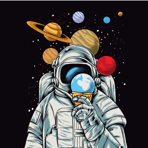 Astronaut having planets ice cream