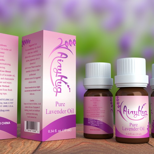 Create 10 ml lavander oil bottle label and box designs and 3D images + logo