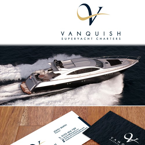Create the next logo and business card for Vanquish Superyacht Charters