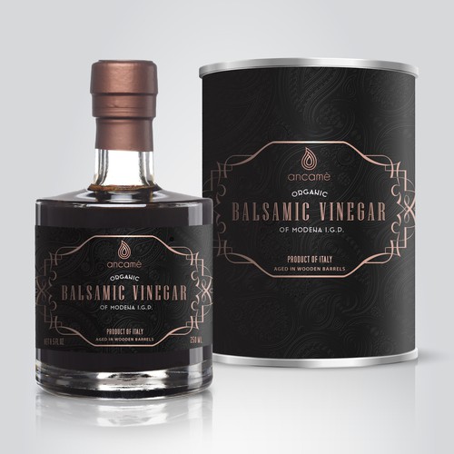 Two stunning labels for Gourmet Balsamic Vinegar plus design for packaging tubes with minimal information.