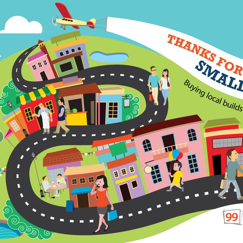 Design a fun, happy illustration of a small town for 99designs!