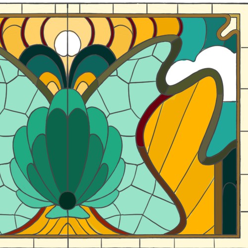 A water scene design in Jugendstil style for a stained glass door.