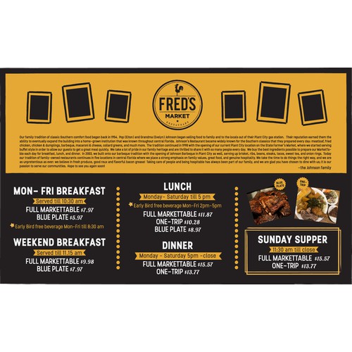 Placemat Menu for Fred's Market Restaurant