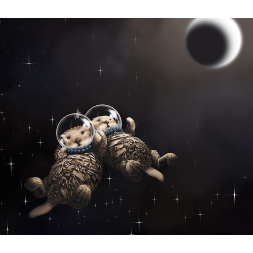 Illustrate two otters, holding hands, drifting into the inky blackness of space