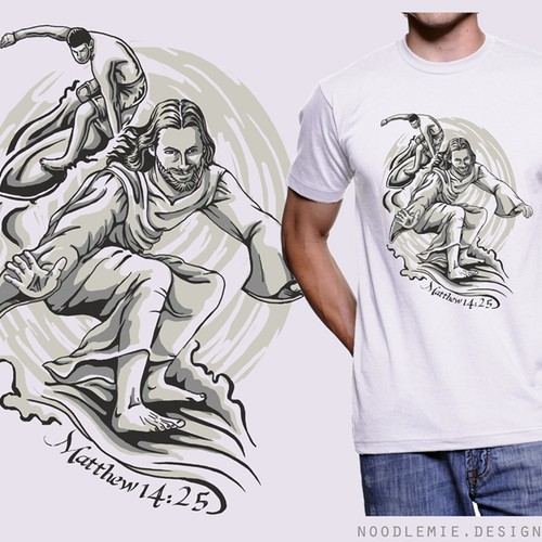 Create a current, hip, t-shirt design with Jesus surfing barefoot.