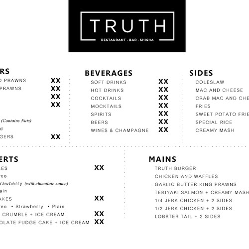 Menu design - Truth Restaurant