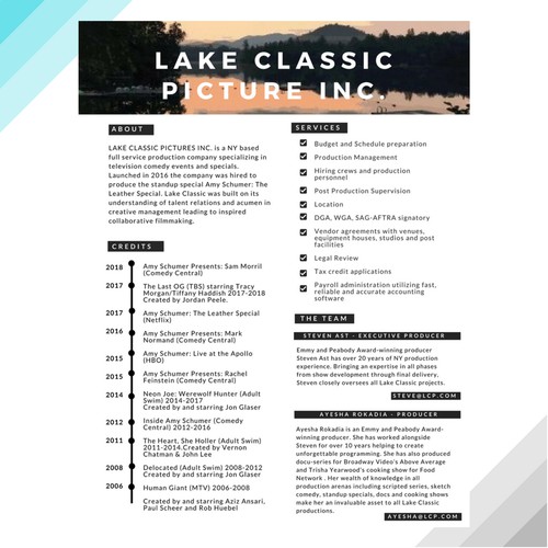 Resume design for a TV production company - Lake Classic Pictures