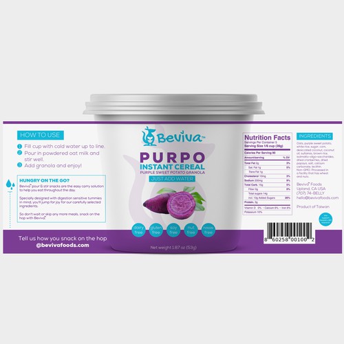 Label for Beviva's Pour & Stir Cereal Cup