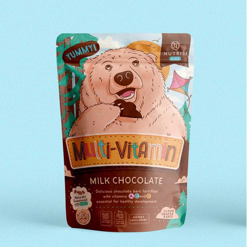 Illustrated chocolate pouch for a kid's multivitamin