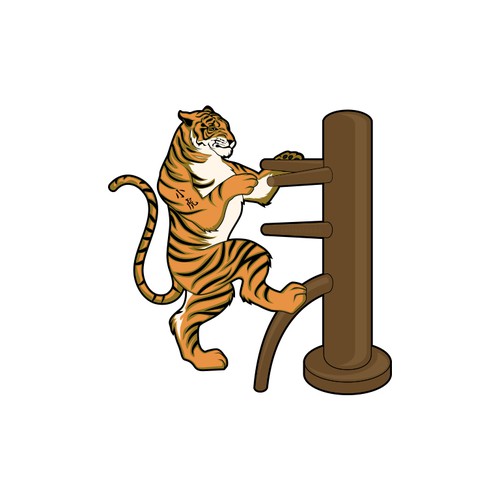 create a tiger playing wing chun on a wooden dummy.  tiger should have "小虎" tattooed on his arm