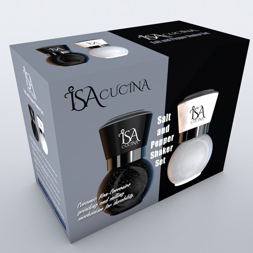 Contemporary retail box design for salt & pepper grinders.