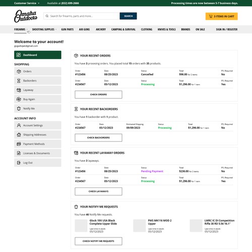 User Account section of the site 
