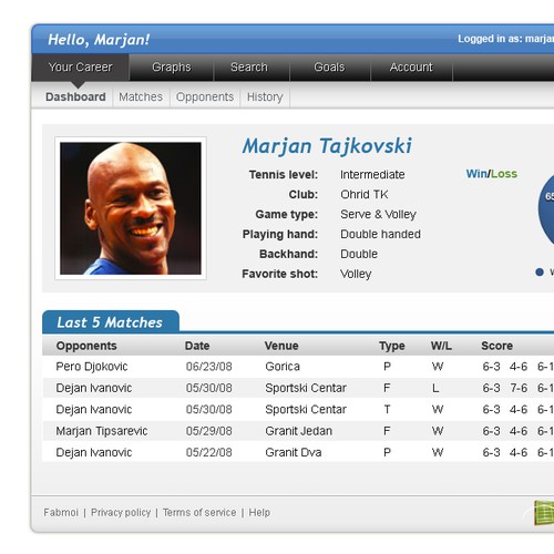 Inner page for tennis tracker website