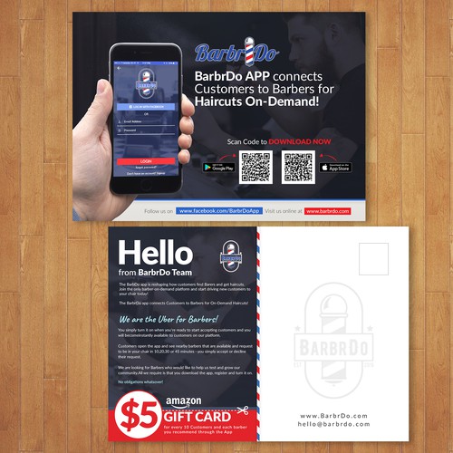 Design a creative Two-Sided 5x7 Postcard for an On Demand Barber Platform