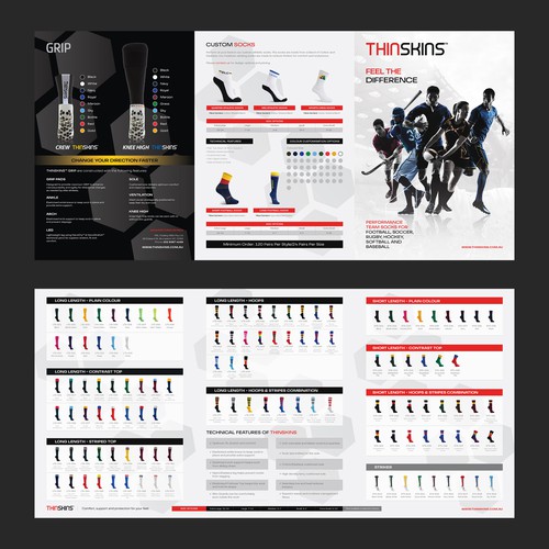 THINSKINS Football, Soccer, Rugby, Hockey, Softball, Cricket, and Baseball Socks Brochure Catalogue Design