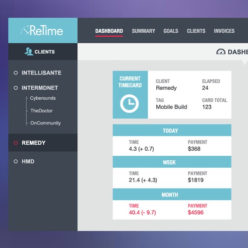 Create a fun and modern UI for a ReTime, a web and mobile time tracking app