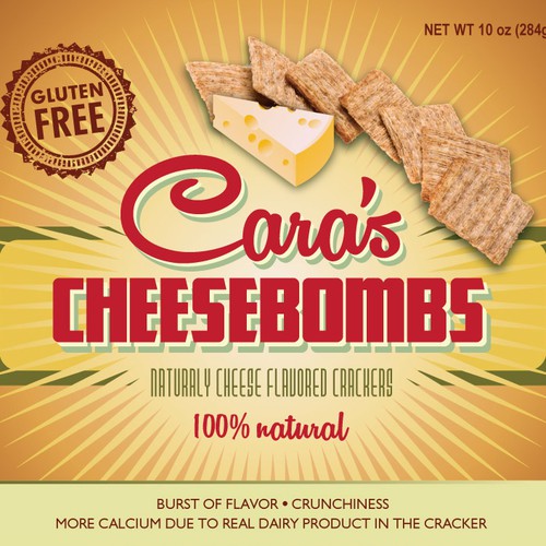 Create an original and hip package design for "Cara's Cheesebombs"