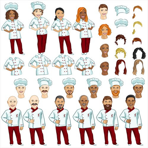 Female and male chef in different variations