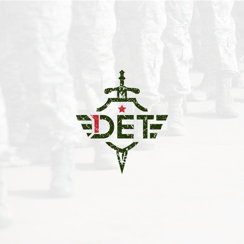 Military badge logo with grunge effect. Number 1 incorporated in D letter.