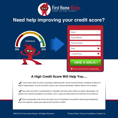 Create a credit repair landing page for FirstHomeNinjas.com