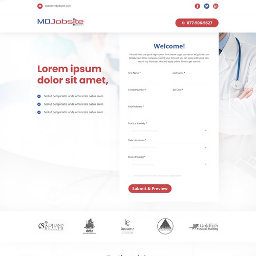 Landing Page design for a Medical Job Listing Website