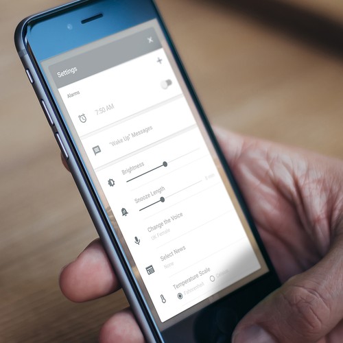 Settings Page Design for Talking Alarm Clock App.