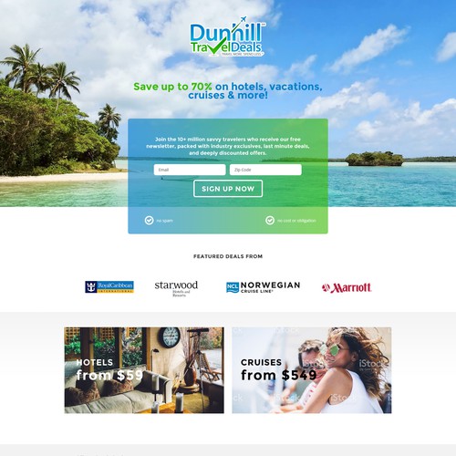 Landing page for a travel deal website.