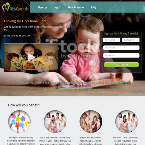 Design a modern ,fresh looking yet simple landing page design for a Online Childcare Platform