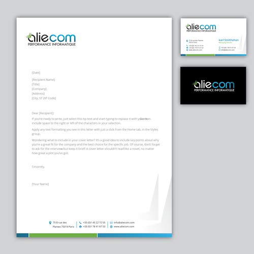 Business  card and letterhead for aliecom